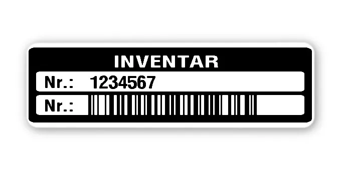 Inventaretiketten Material:Polyethylen-Folie hochglänzend weiß Größe:50x15mm Kopfzeile:"Inventar" Barcode:128B Stellenanzahl:7-stellig Menge:1000