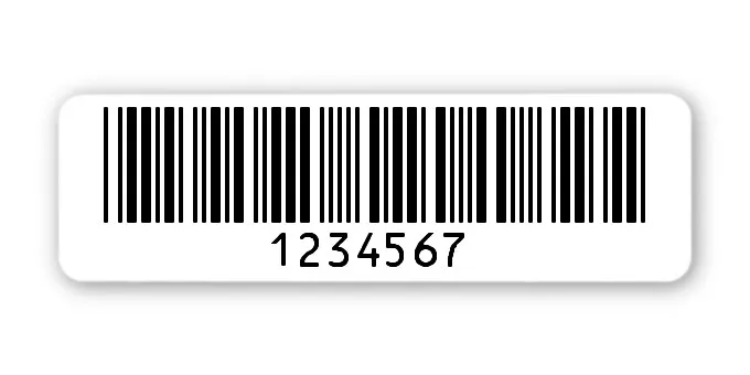 Archivierungsetiketten Material:Polyethylen-Folie hochglänzend weiß Größe:50x15mm Kopfzeile:"ohne" Barcode:Code 39 ohne Prüfziffer Stellenanzahl:7-stellig Menge:1000