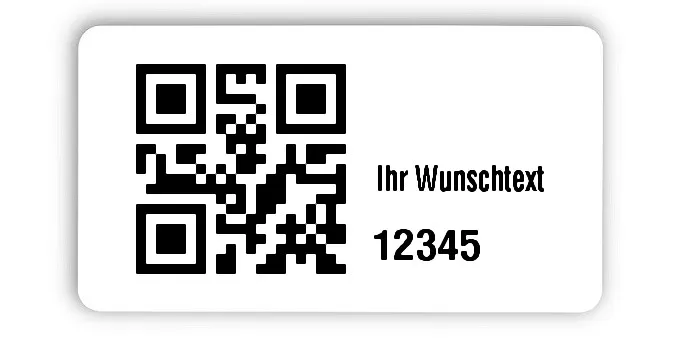 Inventaretiketten Universal Material:Polyethylen-Folie hochglänzend weiß Größe:45x25mm Kopfzeile:"Ihr Wunschtext" Barcode:QR Stellenanzahl:5-stellig Menge:100