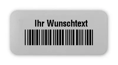 Universaletiketten Material:Polyester-Folie Silberoptik matt Größe:26x12mm Kopfzeile:"Ihr Wunschtext" Barcode:Code 39 mit Prüfziffer Stellenanzahl:4-stellig Ausführung:1 Etikette pro Nummer Menge:1000