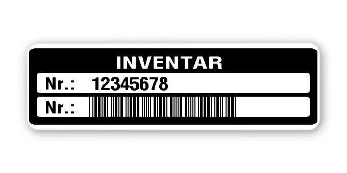 Inventaretiketten Material:Polyethylen-Folie hochglänzend weiß Größe:50x15mm Kopfzeile:"Inventar" Barcode:Code 39 ohne Prüfziffer Stellenanzahl:8-stellig Menge:1000
