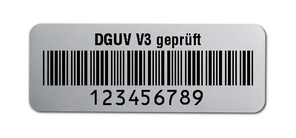 Prüfetiketten Material:Polyester-Folie Silberoptik matt Größe:40x15mm Kopfzeile:"DGUV V3 geprüft" Barcode:Code 39 ohne Prüfziffer Stellenanzahl:9-stellig Ausführung:1 Etikette pro Nummer Menge:1000