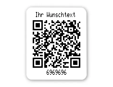 Universaletiketten Material:Folie hochglänzend weiß Größe:26x22mm Kopfzeile:"Ihr Wunschtext" Barcode:QR Stellenanzahl:Webadresse Ausführung:1 Etikett pro Nummer Etiketten je Rolle:1000