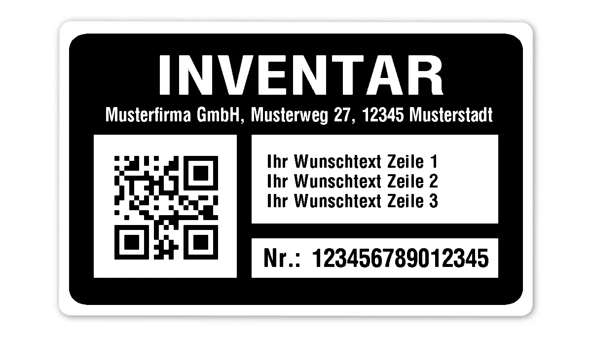 Inventaretiketten Material:Polyethylen-Folie hochglänzend weiß Größe:80x50mm Kopfzeile:"Ihr Wunschtext" Barcode:QR Stellenanzahl:15-stellig Menge:100