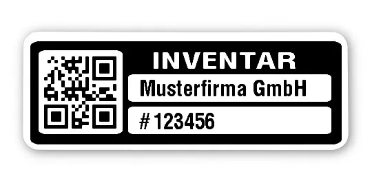 Inventaretiketten Material:Polyethylen-Folie hochglänzend weiß Größe:40x15mm Kopfzeile:"Ihr Wunschtext" Barcode:QR Stellenanzahl:6-stellig Menge:500