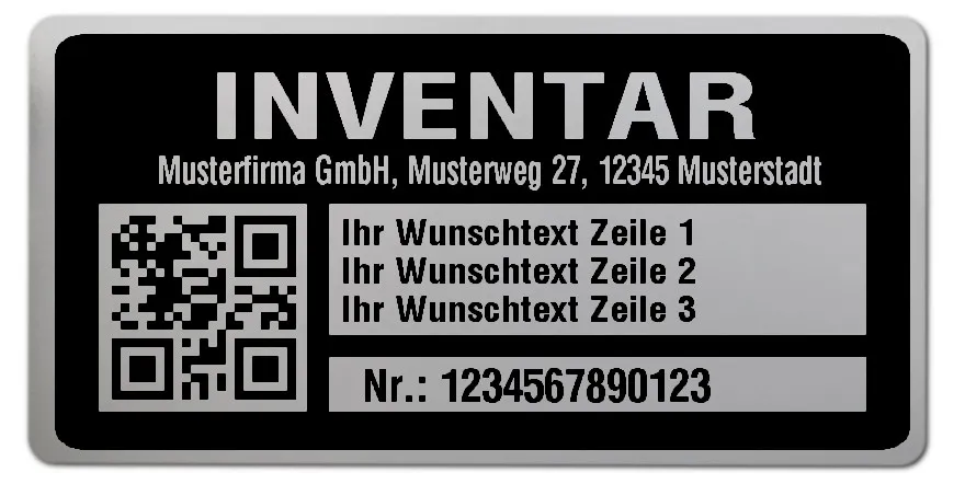 Inventaretiketten Material:Polyester-Folie Silberoptik matt Größe:68x34mm Kopfzeile:"Ihr Wunschtext" Barcode:QR Stellenanzahl:13-stellig Menge:100