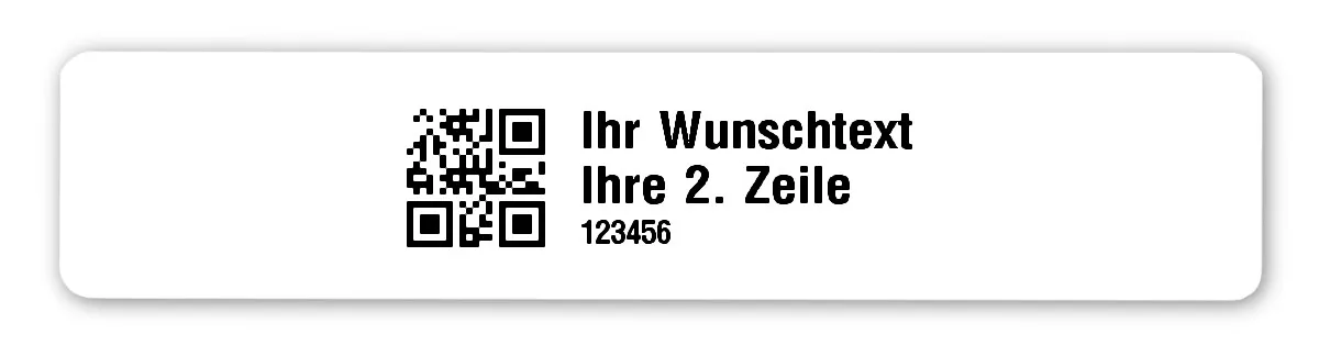 Universaletiketten Material:Polyethylen-Folie weiß matt opak Größe:77x16mm Kopfzeile:"Ihr Wunschtext" Barcode:QR Stellenanzahl:6-stellig Ausführung:1 Etikette pro Nummer Menge:100