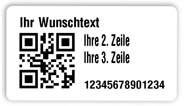 Universaletiketten Material:Folie hochglänzend weiß Größe:54x30mm Kopfzeile:"Ihr Wunschtext" Barcode:QR Stellenanzahl:14-stellig Ausführung:3 Etiketten pro Nummer Menge:300