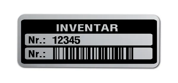 Inventaretiketten Material:Polyester-Folie Silberoptik matt Größe:40x15mm Kopfzeile:"Inventar" Barcode:128B Stellenanzahl:5-stellig Menge:500
