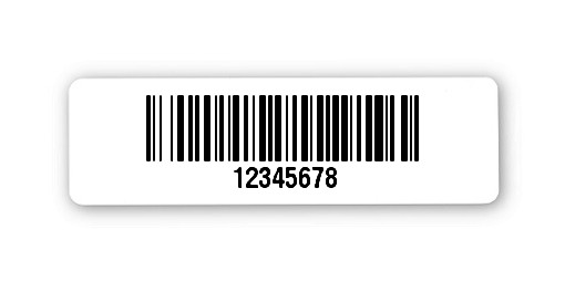 Archivierungsetiketten Material:Polyethylen-Folie hochglänzend weiß Größe:31x9mm Kopfzeile:"ohne" Barcode:128B Stellenanzahl:8-stellig Ausführung:1 Etikette pro Nummer Menge:1000
