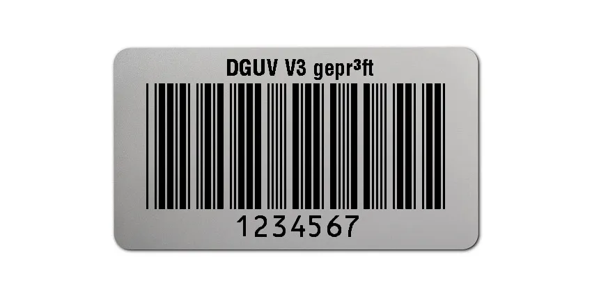 Prüfetiketten Material:Polyester-Folie Silberoptik matt Größe:45x25mm Kopfzeile:"DGUV V3 geprüft" Barcode:Code 39 ohne Prüfziffer Stellenanzahl:7-stellig Ausführung:1 Etikette pro Nummer Menge:500