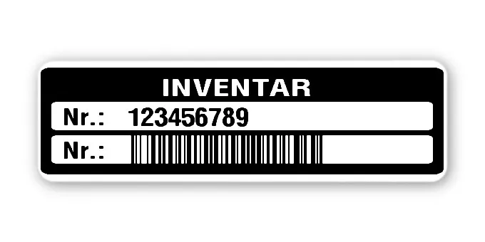 Inventaretiketten Material:Polyethylen-Folie hochglänzend weiß Größe:50x15mm Kopfzeile:"Inventar" Barcode:128B Stellenanzahl:9-stellig Menge:1000
