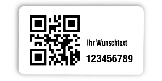 Inventaretiketten Universal Material:Polyethylen-Folie hochglänzend weiß Größe:45x25mm Kopfzeile:"Ihr Wunschtext" Barcode:QR Stellenanzahl:9-stellig Menge:100