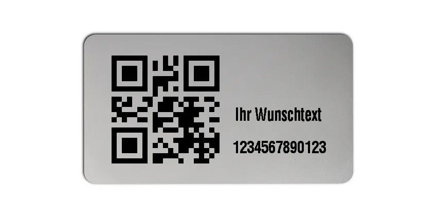 Inventaretiketten Universal Material:Polyester-Folie Silberoptik matt Größe:45x25mm Kopfzeile:"Ihr Wunschtext" Barcode:QR Stellenanzahl:13-stellig Menge:100