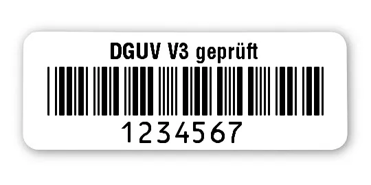 Prüfetiketten Material:Polyethylen-Folie hochglänzend weiß Größe:40x15mm Kopfzeile:"DGUV V3 geprüft" Barcode:Code 39 ohne Prüfziffer Stellenanzahl:7-stellig Ausführung:1 Etikette pro Nummer Menge:1000