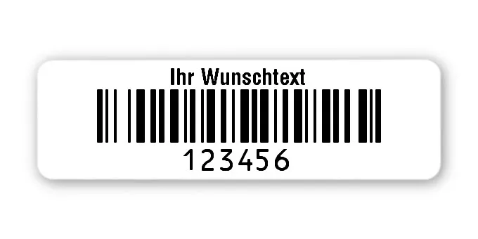 Universaletiketten Material:Folie hochglänzend weiß Größe:50x15mm Kopfzeile:"Ihr Wunschtext" Barcode:128B Stellenanzahl:6-stellig Ausführung:4 Etiketten pro Nummer Menge:1000