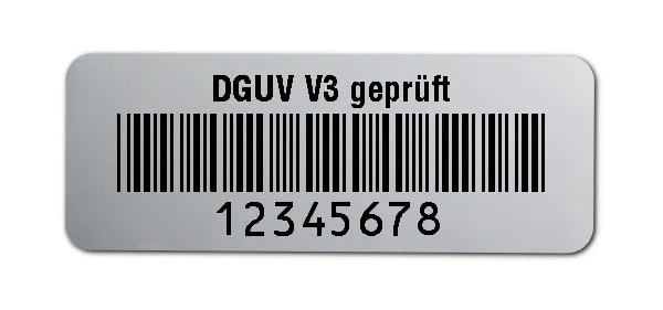 Prüfetiketten Material:Polyester-Folie Silberoptik matt Größe:40x15mm Kopfzeile:"DGUV V3 geprüft" Barcode:Code 39 ohne Prüfziffer Stellenanzahl:8-stellig Ausführung:1 Etikette pro Nummer Menge:500