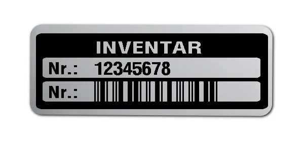 Inventaretiketten Material:Polyester-Folie Silberoptik matt Größe:40x15mm Kopfzeile:"Inventar" Barcode:2a5 interleaved Stellenanzahl:8-stellig Menge:100