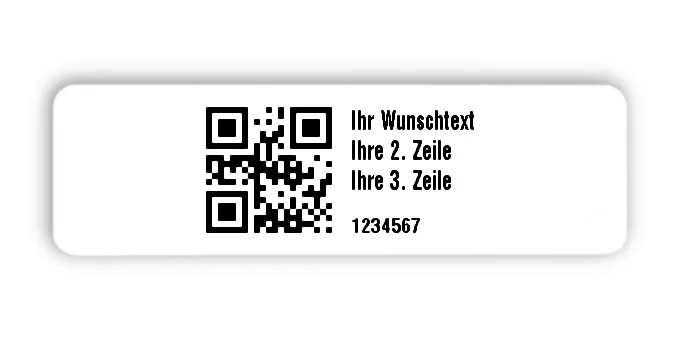 Universaletiketten Material:ThermoTop Größe:50x15mm Kopfzeile:"Ihr Wunschtext" Barcode:QR Stellenanzahl:7-stellig Ausführung:1 Etikette pro Nummer Menge:1000