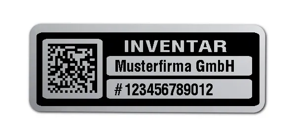 Inventaretiketten Material:Polyester-Folie Silberoptik matt Größe:40x15mm Kopfzeile:"Ihr Wunschtext" Barcode:DataMatrix Stellenanzahl:12-stellig Menge:500