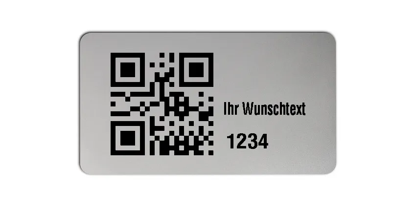 Inventaretiketten Universal Material:Polyester-Folie Silberoptik matt Größe:45x25mm Kopfzeile:"Ihr Wunschtext" Barcode:QR Stellenanzahl:4-stellig Menge:1000