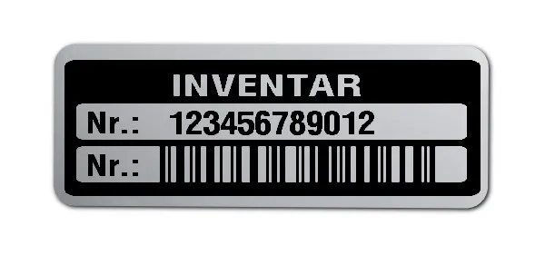 Inventaretiketten Material:Polyester-Folie Silberoptik matt Größe:40x15mm Kopfzeile:"Inventar" Barcode:128C Stellenanzahl:12-stellig Menge:100