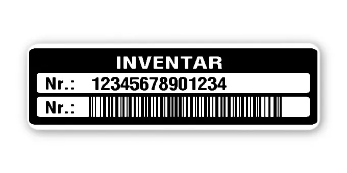 Inventaretiketten Material:Polyethylen-Folie hochglänzend weiß Größe:50x15mm Kopfzeile:"Inventar" Barcode:128B Stellenanzahl:14-stellig Menge:1000