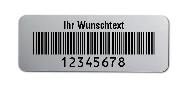 Prüfetiketten Material:Polyester-Folie Silberoptik matt Größe:40x15mm Kopfzeile:"Ihr Wunschtext" Barcode:Code 39 ohne Prüfziffer Stellenanzahl:8-stellig Ausführung:1 Etikette pro Nummer Menge:1000