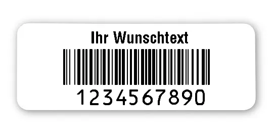 Prüfetiketten Material:Polyethylen-Folie hochglänzend weiß Größe:40x15mm Kopfzeile:"Ihr Wunschtext" Barcode:128B Stellenanzahl:10-stellig Ausführung:1 Etikette pro Nummer Menge:500
