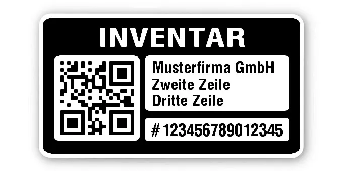 Inventaretiketten Material:Polyethylen-Folie hochglänzend weiß Größe:45x25mm Kopfzeile:"Ihr Wunschtext" Barcode:QR Stellenanzahl:15-stellig Menge:500