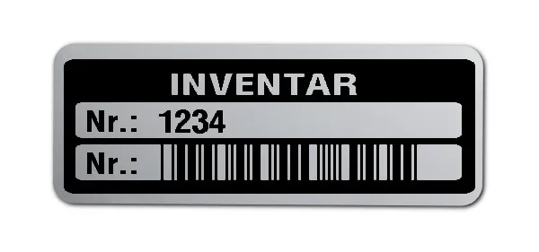Inventaretiketten Material:Polyester-Folie Silberoptik matt Größe:40x15mm Kopfzeile:"Inventar" Barcode:Code 39 ohne Prüfziffer Stellenanzahl:4-stellig Menge:500
