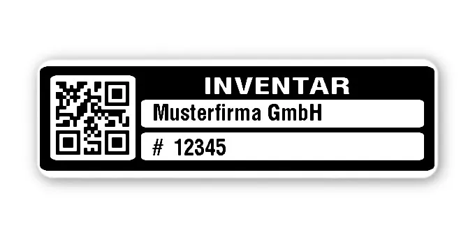 Inventaretiketten Material:Polyethylen-Folie hochglänzend weiß Größe:50x15mm Kopfzeile:"Ihr Wunschtext" Barcode:QR Stellenanzahl:5-stellig Menge:1000