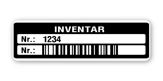 Inventaretiketten Material:Polyethylen-Folie hochglänzend weiß Größe:50x15mm Kopfzeile:"Inventar" Barcode:128B Stellenanzahl:4-stellig Menge:1000