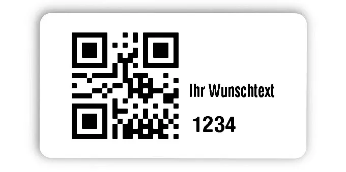 Inventaretiketten Universal Material:Polyethylen-Folie hochglänzend weiß Größe:45x25mm Kopfzeile:"Ihr Wunschtext" Barcode:QR Stellenanzahl:4-stellig Menge:1000