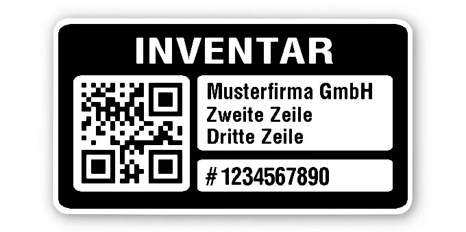 Inventaretiketten Material:Polyethylen-Folie hochglänzend weiß Größe:45x25mm Kopfzeile:"Ihr Wunschtext" Barcode:QR Stellenanzahl:10-stellig Menge:100