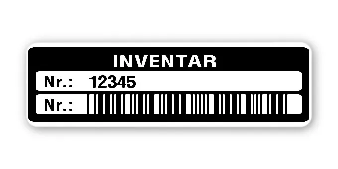 Inventaretiketten Material:Polyethylen-Folie hochglänzend weiß Größe:50x15mm Kopfzeile:"Inventar" Barcode:Code 39 ohne Prüfziffer Stellenanzahl:5-stellig Menge:500