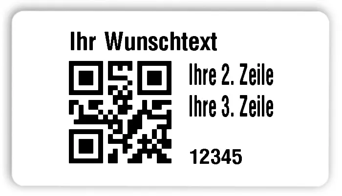 Universaletiketten Material:Folie hochglänzend weiß Größe:54x30mm Kopfzeile:"Ihr Wunschtext" Barcode:QR Stellenanzahl:5-stellig Ausführung:3 Etiketten pro Nummer Menge:300