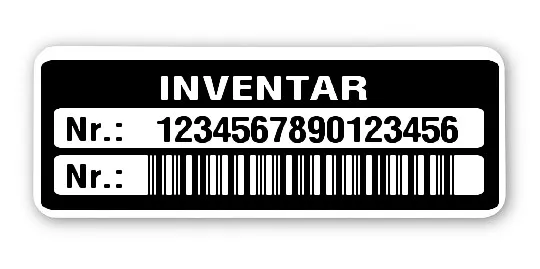 Inventaretiketten Material:Polyethylen-Folie hochglänzend weiß Größe:40x15mm Kopfzeile:"Inventar" Barcode:2a5 interleaved Stellenanzahl:16-stellig Menge:500