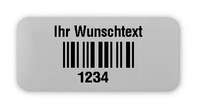 Universaletiketten Material:Folie silber matt Größe:26x12mm Kopfzeile:"Ihr Wunschtext" Barcode:2a5 interleaved Stellenanzahl:4-stellig Ausführung:4 Etiketten pro Nummer Menge:100