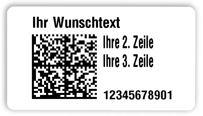 Universaletiketten Material:Folie hochglänzend weiß Größe:54x30mm Kopfzeile:"Ihr Wunschtext" Barcode:DataMatrix Stellenanzahl:11-stellig Ausführung:3 Etiketten pro Nummer Menge:300