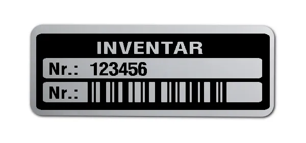 Inventaretiketten Material:Polyester-Folie Silberoptik matt Größe:40x15mm Kopfzeile:"Inventar" Barcode:128C Stellenanzahl:6-stellig Menge:1000