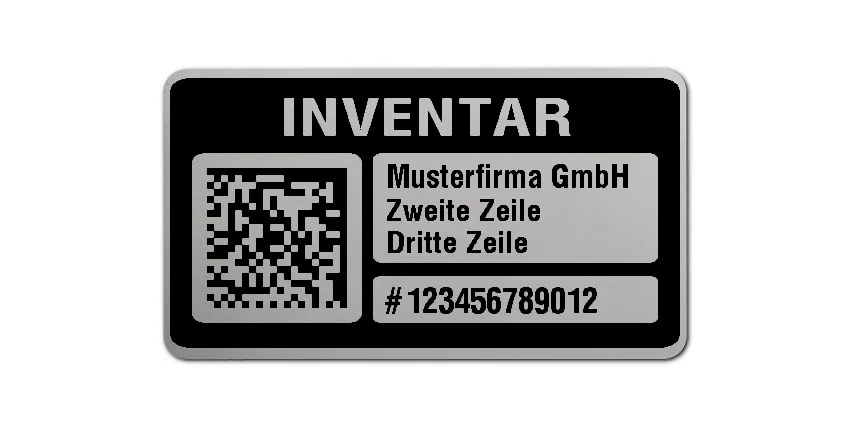 Inventaretiketten Material:Polyester-Folie Silberoptik matt Größe:45x25mm Kopfzeile:"Ihr Wunschtext" Barcode:DataMatrix Stellenanzahl:12-stellig Menge:100