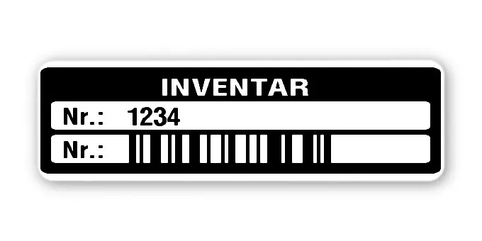 Inventaretiketten Material:Polyethylen-Folie hochglänzend weiß Größe:50x15mm Kopfzeile:"Inventar" Barcode:128C Stellenanzahl:4-stellig Menge:100