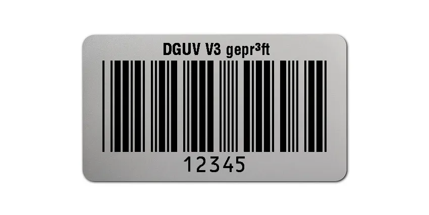 Prüfetiketten Material:Polyester-Folie Silberoptik matt Größe:45x25mm Kopfzeile:"DGUV V3 geprüft" Barcode:Code 39 ohne Prüfziffer Stellenanzahl:5-stellig Ausführung:1 Etikette pro Nummer Menge:500