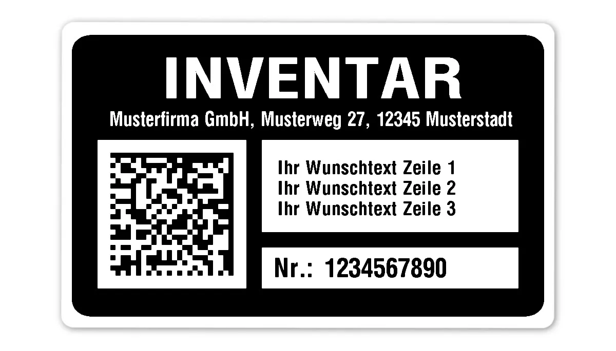 Inventaretiketten Material:Polyethylen-Folie hochglänzend weiß Größe:80x50mm Kopfzeile:"Ihr Wunschtext" Barcode:DataMatrix Stellenanzahl:10-stellig Menge:1000