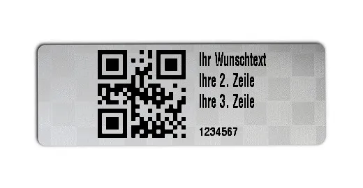 Universaletiketten Material:Siegeletikett Größe:36x13mm Kopfzeile:"Ihr Wunschtext" Barcode:QR Stellenanzahl:7-stellig Ausführung:2 Etiketten pro Nummer Etiketten je Rolle:1000