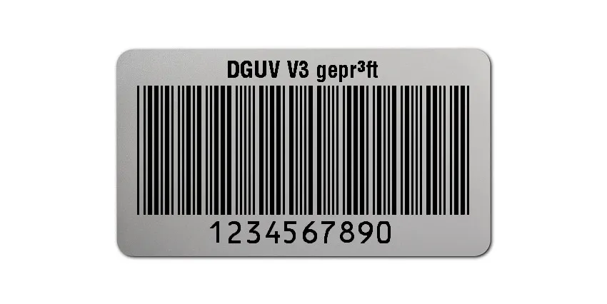 Prüfetiketten Material:Polyester-Folie Silberoptik matt Größe:45x25mm Kopfzeile:"DGUV V3 geprüft" Barcode:Code 39 ohne Prüfziffer Stellenanzahl:10-stellig Ausführung:1 Etikette pro Nummer Menge:1000