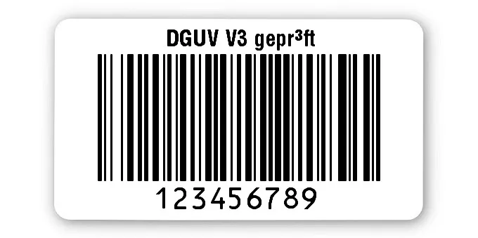 Prüfetiketten Material:Polyethylen-Folie hochglänzend weiß Größe:45x25mm Kopfzeile:"DGUV V3 geprüft" Barcode:128B Stellenanzahl:9-stellig Ausführung:1 Etikette pro Nummer Menge:1000