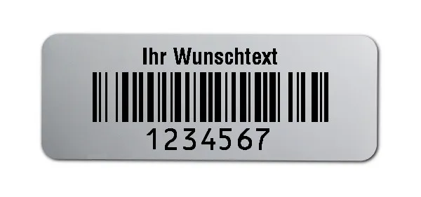 Prüfetiketten Material:Polyester-Folie Silberoptik matt Größe:40x15mm Kopfzeile:"Ihr Wunschtext" Barcode:128B Stellenanzahl:7-stellig Ausführung:1 Etikette pro Nummer Menge:1000