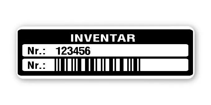 Inventaretiketten Material:Polyethylen-Folie hochglänzend weiß Größe:50x15mm Kopfzeile:"Inventar" Barcode:2a5 interleaved Stellenanzahl:6-stellig Menge:500
